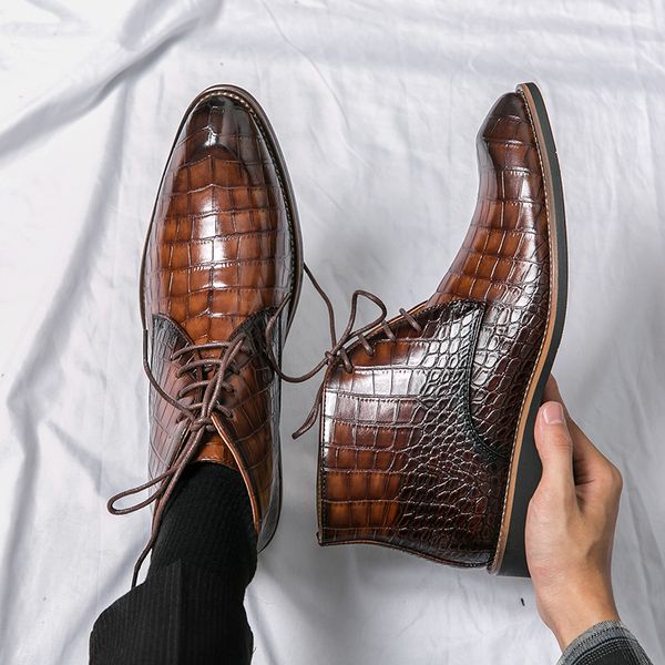 

fashion leather boots lace up ankle boots pointed toe low heels men casual platform chelsea boots mens boots and wedding shoes, Black