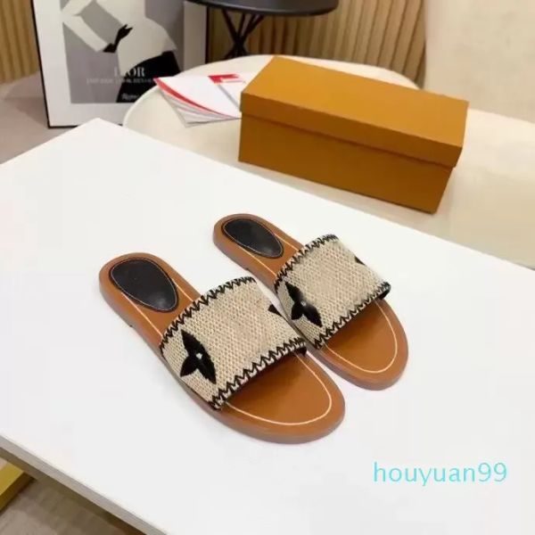 

2023 women slippers outdoor banquet slide shoes pp straw summer leather sandals multicolor flat heel mule letter size 35-42 rlq, Black