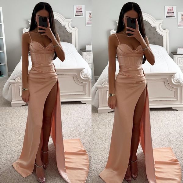 

fashion satin prom dresses spaghetti evening gowns pleats sheath split formal red carpet long special occasion party dress, Black