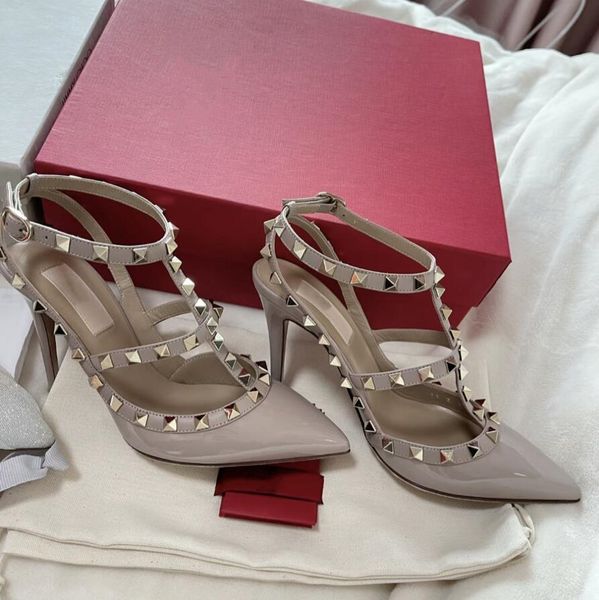 

luxury women high heels sandals classics brand gold rivets black blue red shiny patent leathers thin heels 6cm 8cm 10cm designer wedding sho