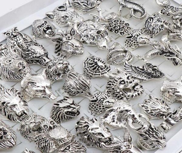 

wholesale 20pcs/lots mix owl dragon wolf elephant tiger etc animal style antique vintage jewelry rings for men women 2106237186313, Silver