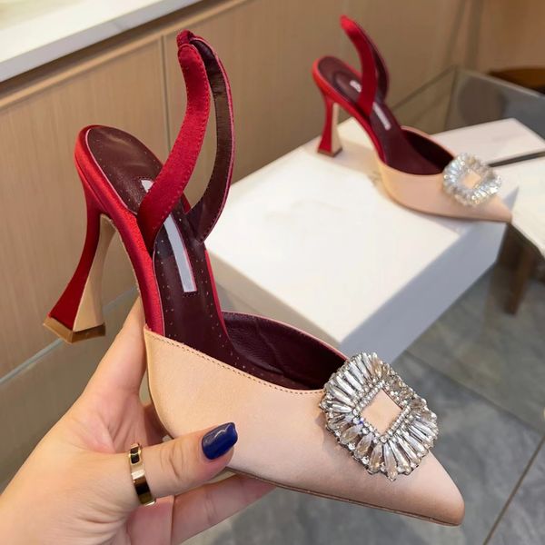 

fashion designer dress shoes 9cm high heel sandals women casual party wedding shoes satin leather lining square diamond buckle decoration sl, Black