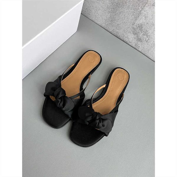 

the row the row summer silk bow slippers for women's outwear fashion and comfortable versatile low heel flat bottom open toe sandals, Black
