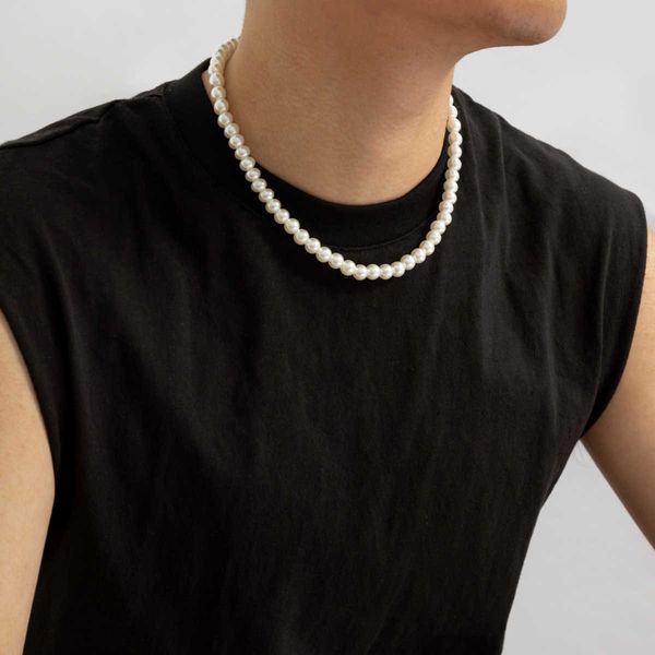 

beaded necklaces trendy imitation pearl short choker necklace men simple handmade strand beads chain 2023 fashion jewelry collar 230613, Silver