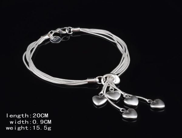 

925 sterling silver bracelet 5 love heart charm silver bangles and bracelets chains for women&ladies fashion jewelry9014030, Golden;silver