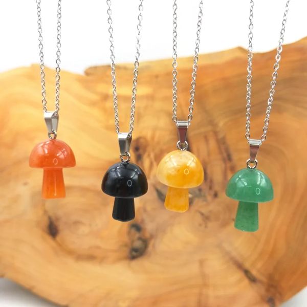 

mini mushroom natural stone carving pendant reiki healing crystals rose quartz necklace for women jewelry wholesale, Silver