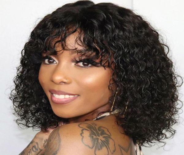 

4x4 curly lace closure wig brazilian human hair wigs with bangs for black women 150 remy hair short bob wig5935336