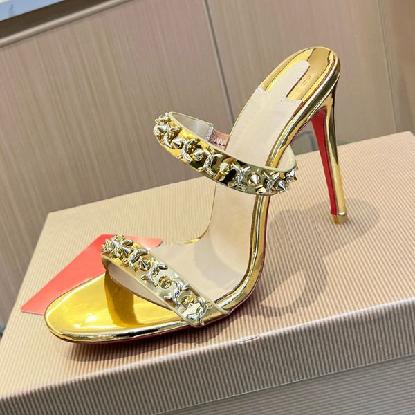 

gold mirrorleather crystal embellished strap slippers mules shoes100mm stiletto sandals stud buckle embellished women's luxury designer, Black