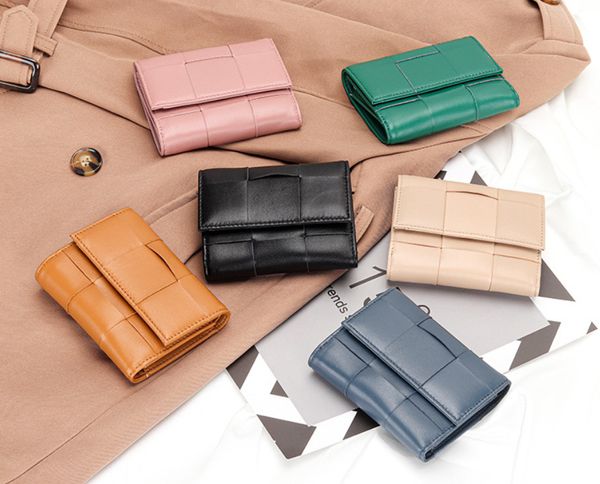 

luxury weaving card holders big girls fold flap multi-function purse fashion small mini wallet pure color pebble leather hand bags s0141, White