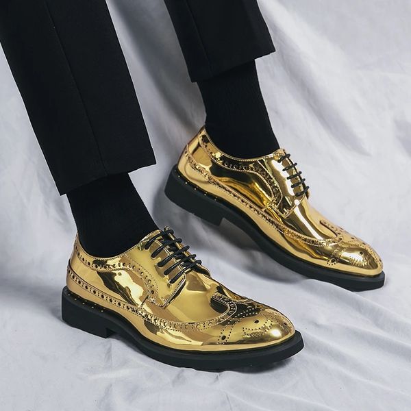 

new in gold brogue shoes for men wedding lace-up spring autumn size 38-46 handmade men shoes men dress shoes, Black