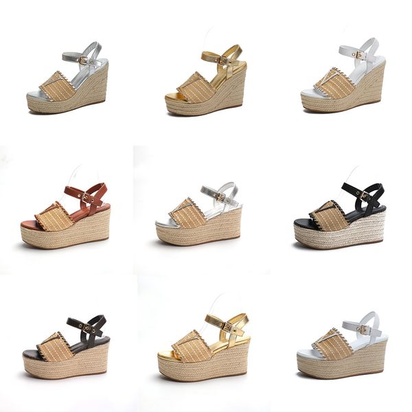 

designer woman fashion sandals straw shoes starboard wedge sandals open toe platform shoes wedge shoe straw bottom pumps ladies with box, Black