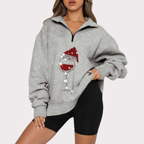 

2022 autumn/winter new christmas print women's fashion large sports casual polo neck zipper sweater womens leather jackets biker coat, Black