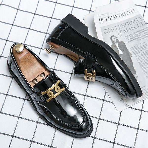 

brand mens leather shoes office shoes men flats patent leather gold glitter wedding banquet comfortable business shoes, Black