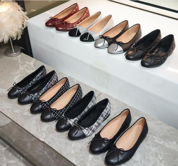 

2023 designer womendress casual shoes spring autumn 100% cowhide letter bow ballet dance shoes fashion women black flat boat shoe lady leath