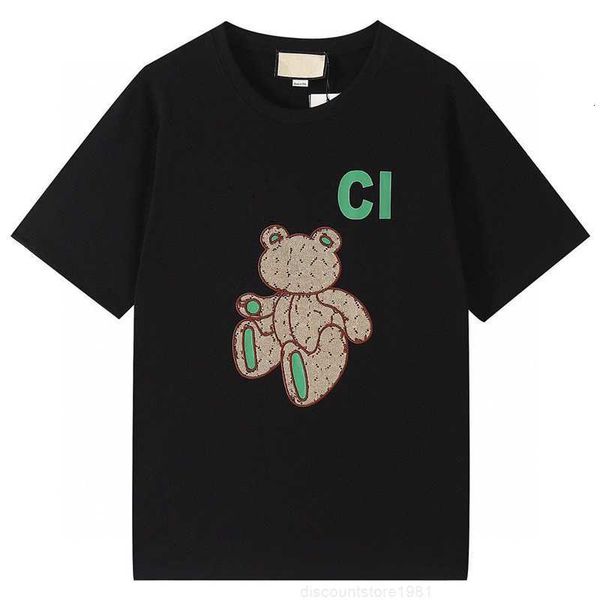 

2023 new t-shirts spring and summer green bear patch printing men's and women's same short-sleeved t-shirt cotton loose round neck, White;black