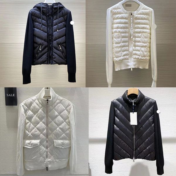 

2023 luxury designer women down parkas embroidered badge knitted panel slim stand collar thin windproof down jacket top, Black