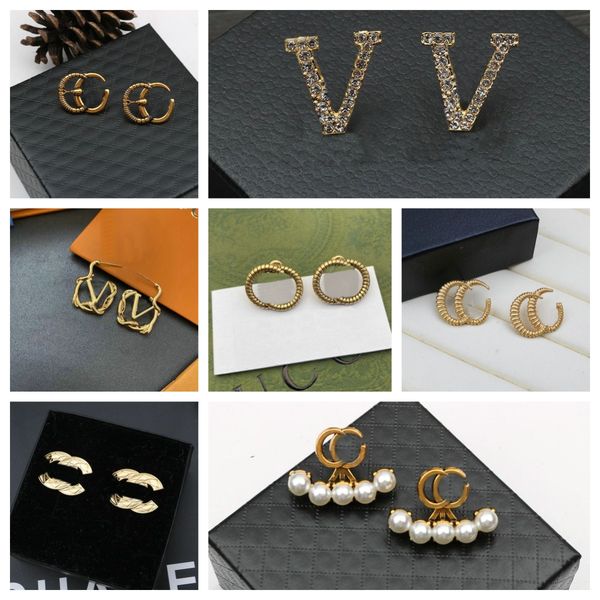 

18k gold plated 925 silvrer luxury brand designers letters stud clip eardrop round geometric famous women crystal rhinestone metal earring, Golden;silver