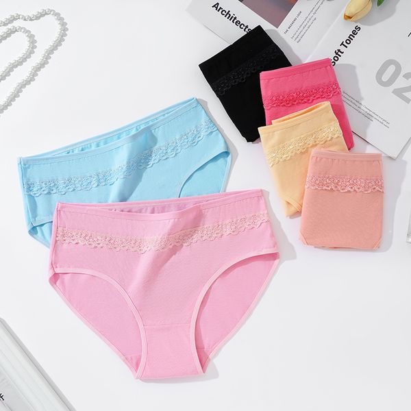 

cotton underwear women's plus size panties solid color lace briefs seamless high waist lingerie comfortable underpants m6175, Black;pink