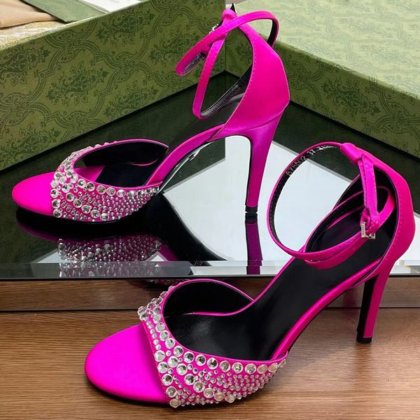 

crystal decorated women's mid heel sandals luxury designer satin rhinestone high heels ankle strap fashion wedding dress shoes 7.5cm pa, Black