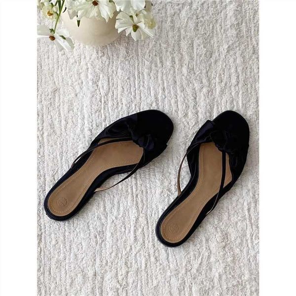 

the row chunyuan the * row niche 2023 summer new slippers women's satin bow tie flat bottomed fashionable one line sandal, Black