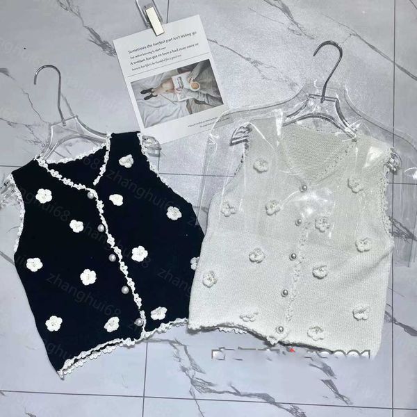 

23ss womens knits womens designer clothing solid colored flower pearl figure 5 decoration knitted vest womens clothes, White