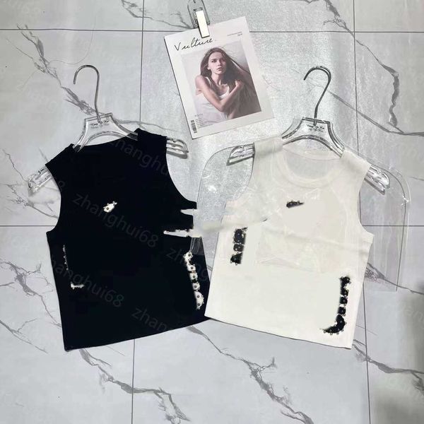 

23ss womens knits womens designer clothing solid colored gold and silver beaded towel embroidery knitted vest womens clothes, White