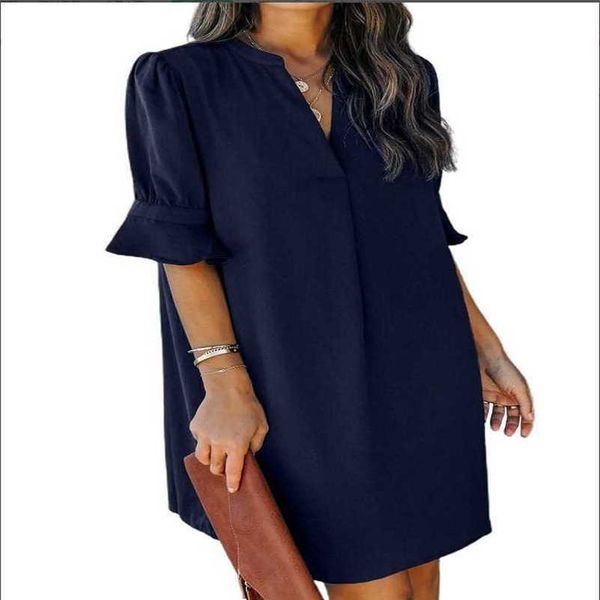 

2023 summer new solid v neck loose pleated 5/4 sleeve dress women, Black;gray