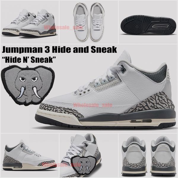 

hide and sneak 3s basketball shoes jumpman 3 hide n sneak elephant mens white black iron light grey sail cement trainers sports low j balvin