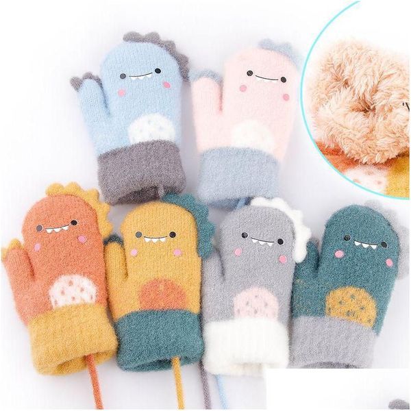 

mitten for children cute cartoon dinosaur warmer thick knitted mittens baby hanging neck winter glove soft kids gloves r dhmty