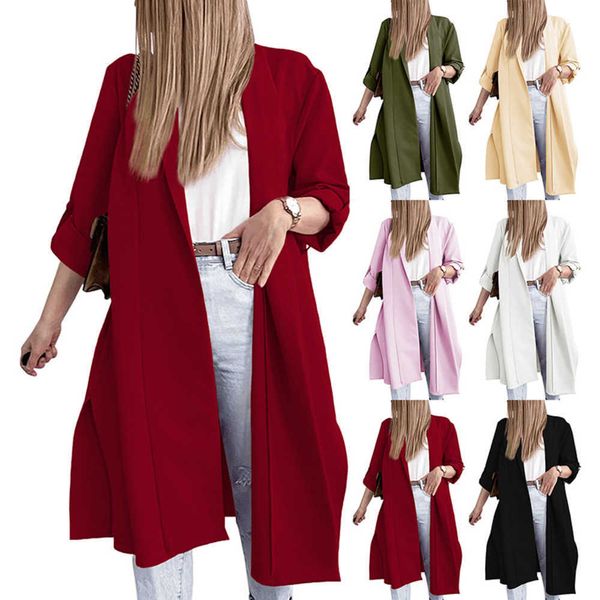 

2022 autumn/winter new women's cardigan 3/4 sleeve lapel front split long coat windbreaker black leather pu jacket jackets for women750