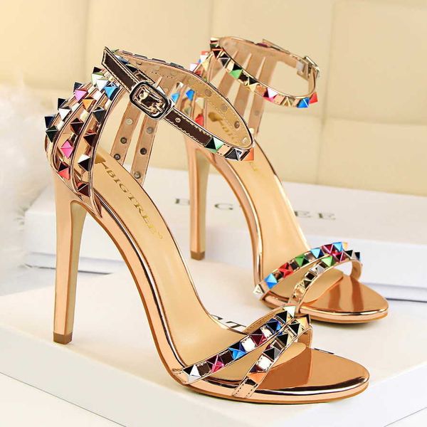 

roman style womens high heel party shoes thin heels open toe one line with crystal rivet sandals, Black