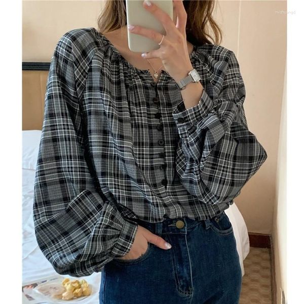 

women's blouses 2023 arrival spring summer women loose casual o-neck vintage plaid print blouse long sleeve single breasted shirts v179, White