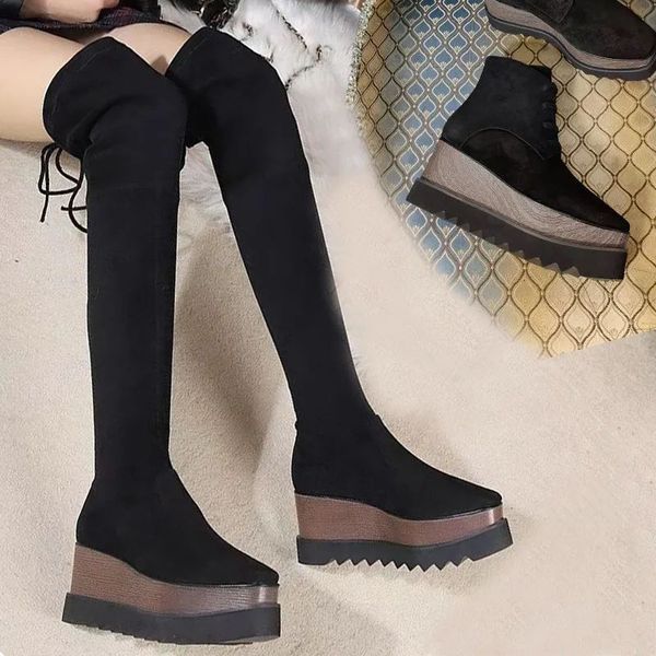 

autumn winter heeled heel long boots knitted elastic boot designer shoe women suede leather wedge heel shoes lady thick high heels large siz, Black