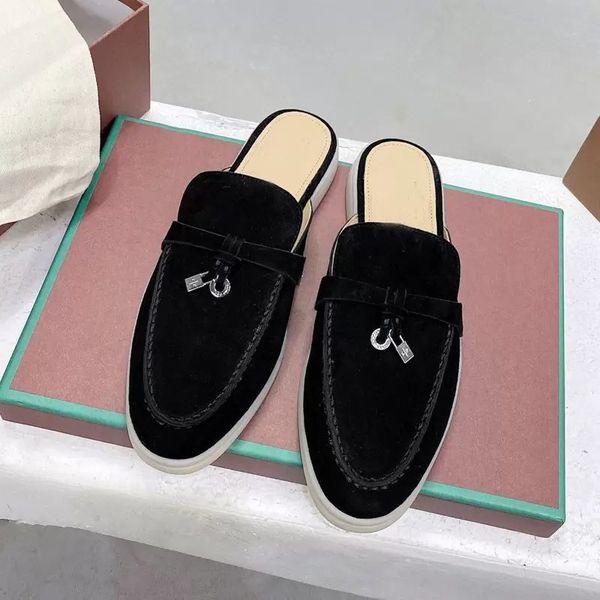 

beach slippers flat baotou flip flops lady slides women shoes sandals classic designer lazy leather suede letter cowhide metal summer men la, Black