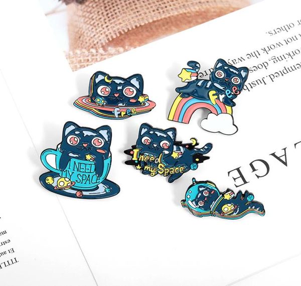 

creative cartoon cat planet brooches cute astronaut coffee cup metal enamel pins rainbow space pin lapel backpack jewelry gif3562800, Gray