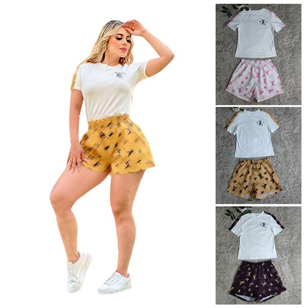 

women's two piece pants print shorts set crew neck short sleeve basic t-shirtmixed print hipster bottoms two pieces, White