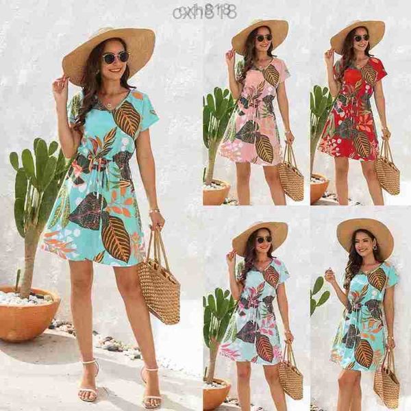 

2023 spring and summer new flower print drawstring dress v-neck short sleeve holiday casual loose dress women clothes, Black;gray