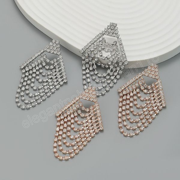 

trendy metal rhinestone geometric tassel dangle earrings bridal wedding party creative jewelry women's charm accessories gift, Silver