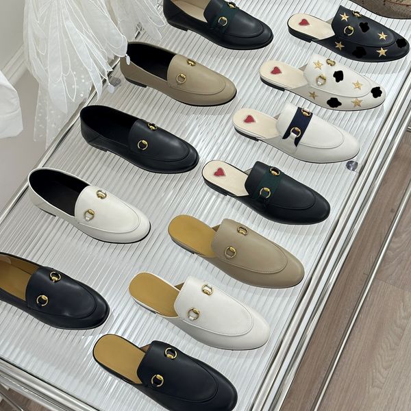 

designer princetown slippers leather mules women loafers embroidered bee metal chain comfortable casual shoe velvet slipper with box size, Black