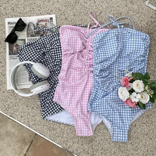 

2023 new designer women girls' one piece swimsuit ins style sweet plaid bandeau swimwear beach wear bath suit multi-colors -xl, White;black