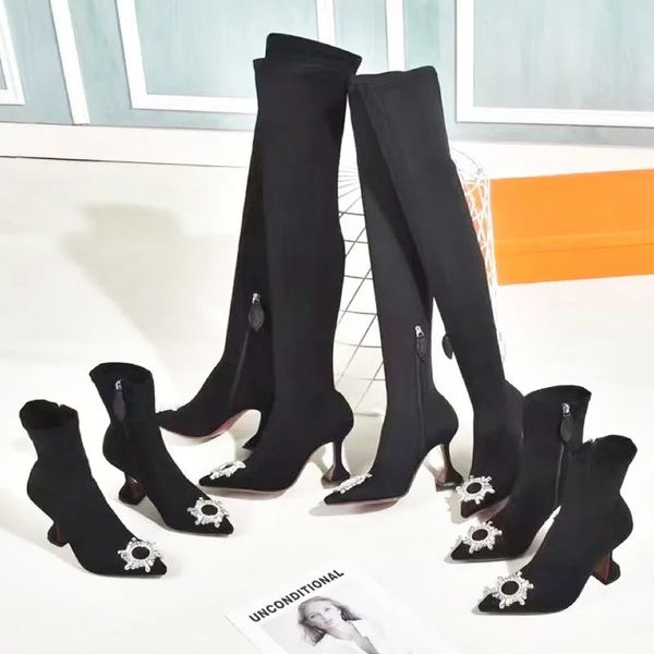 

autumn winter heeled heel boots fashion belt buckle designer long boot 100% leather diamonds pointed women shoes lady letter high heels larg, Black