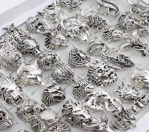 

wholesale 20pcs/lots mix owl dragon wolf elephant tiger etc animal style antique vintage jewelry rings for men women 2106233635370, Silver