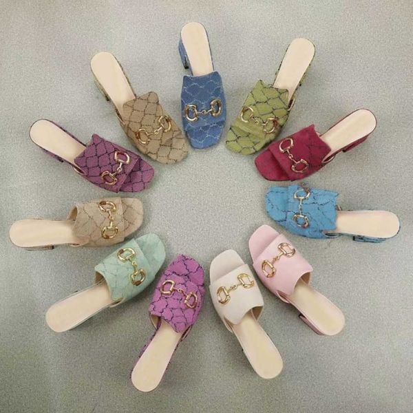 

2023 summer beach slipper fashion 100% leather metal buckle women shoes cowhide white black thick heel sandals lady letter half high heels n