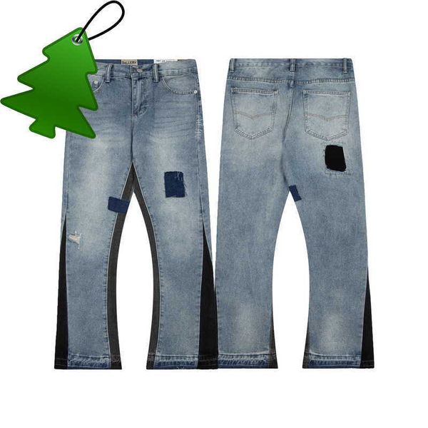 

clothing galleryes depts jeans pant patchwork patch horn worn out damaged motocycle denim pants distressed ripped hip hop biker trousers, Blue