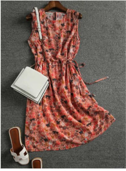 

dress chiffon floral for women's 2023 summer new waistband with a slimming look french sleeveless skirtnu3s, Black;gray