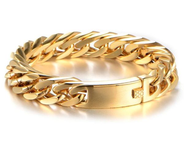 

cool men stainless steel gold tone bracelets men039s hand wrist chain 15mm width curb chain link bracelet fashion jewelry gift6979230, Golden;silver