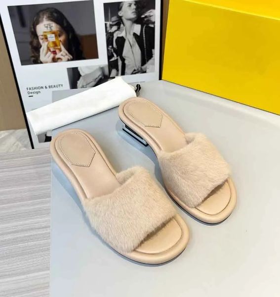 

luxury womens shoes slipper heeled baguette sandal slide mink fur wool leather fur sandals low-heel cutout metal block heel genuine leather, Black