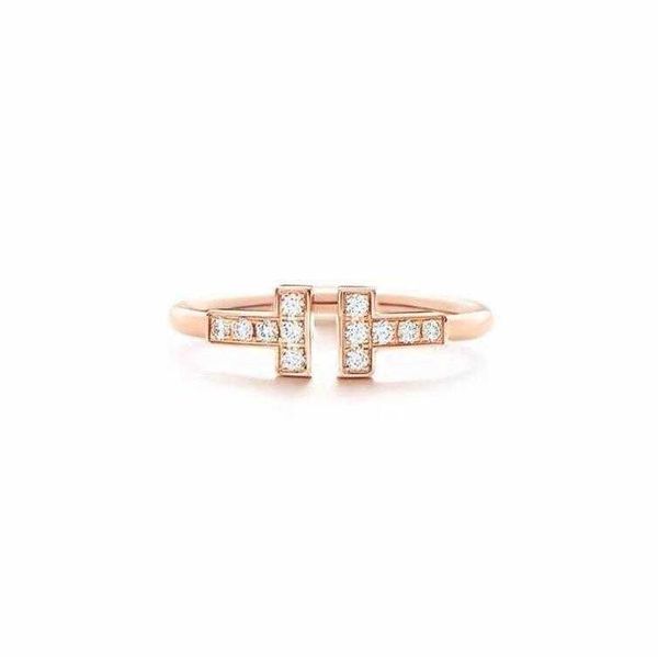 

trendy tiffay double t ring 925 sterling silver plated 18k gold ti house set diamond t-shaped no smooth open kjis