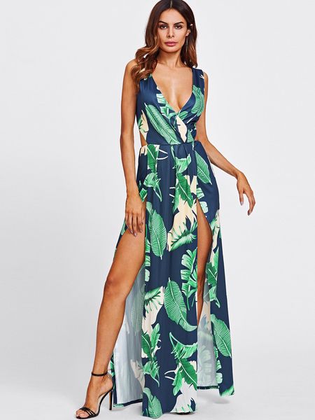 

2023 summer maxi split floral print club women's dress rayon backless sleeveless v-neck woman's casual long dresses bkd23003, Black;gray