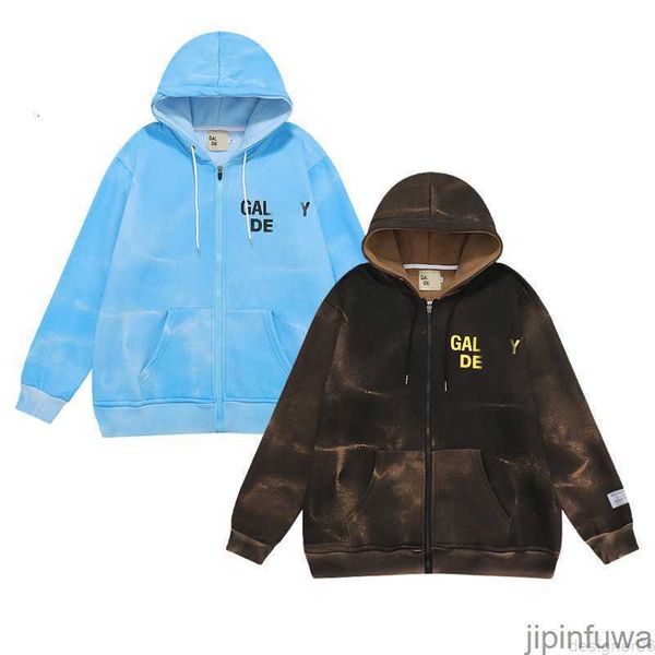 

2023 spring designer mens hoodies galleryes depts streetwear hooded sweater american high street worn tie dyed cardigan plush loose hoody fa, Black
